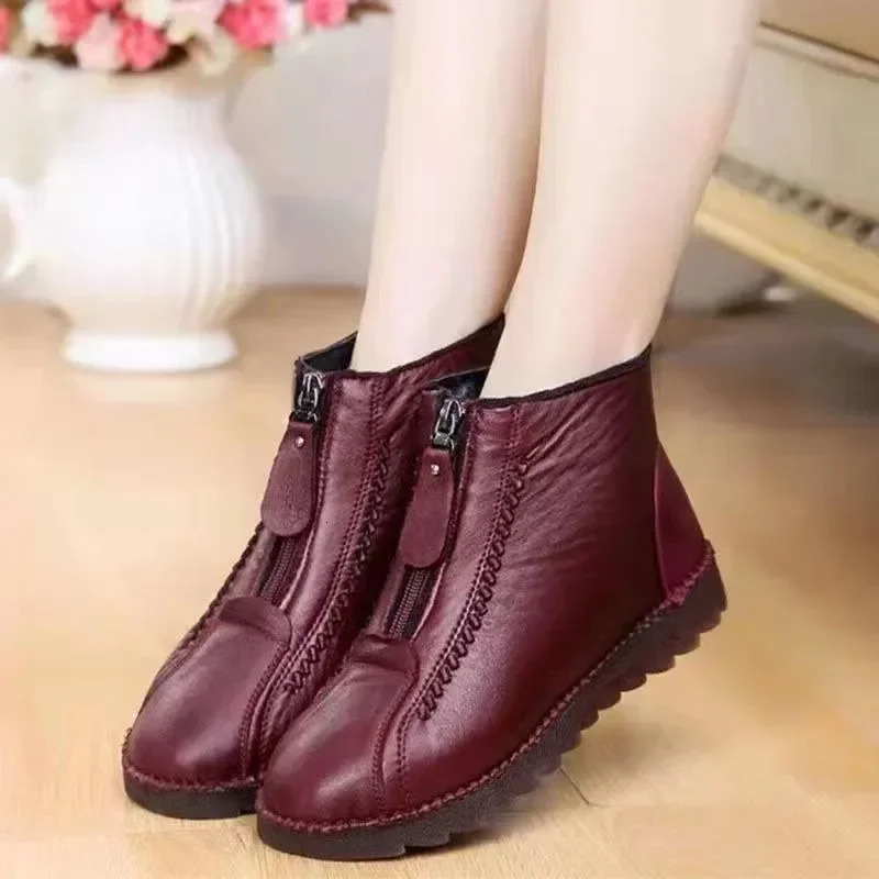 Warm Womens Boots Winter Womens Leather Shoes Zipper Ankle Womens Boots Round Toe Flat Plush Snow Ankle Boots Sports Shoes 241018