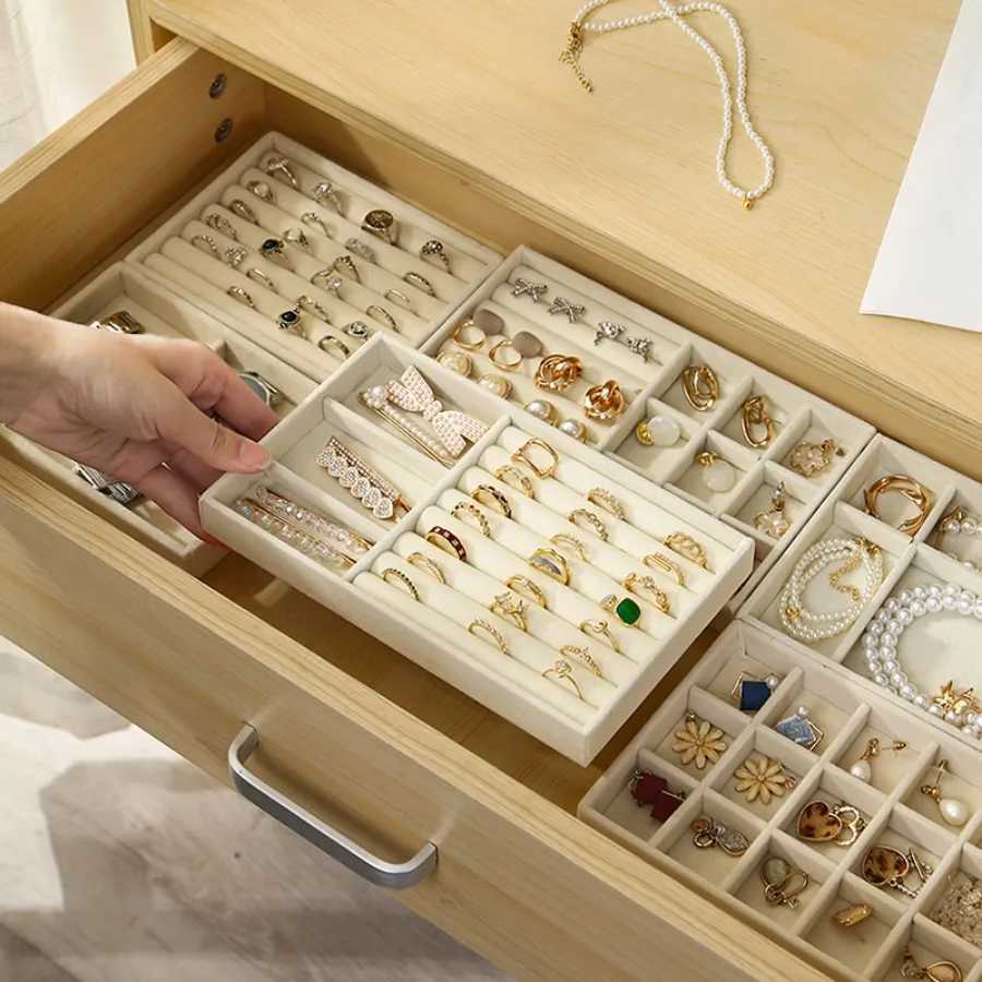 Velvet jewelry tray storage drawer small stackable beige jewelry box and packaging suitable for rings and earrings simple and practical W241019