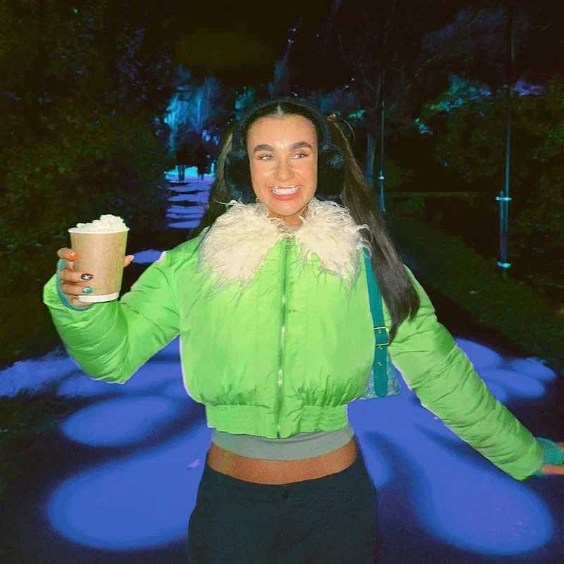 Women's Down Parkas Fashion Cute Women Candy Grn Zipper Puffer Jacket Winter Fur Collar Bubble Coats Feathers Lapel Puff Parka Slim Crop Jackets 