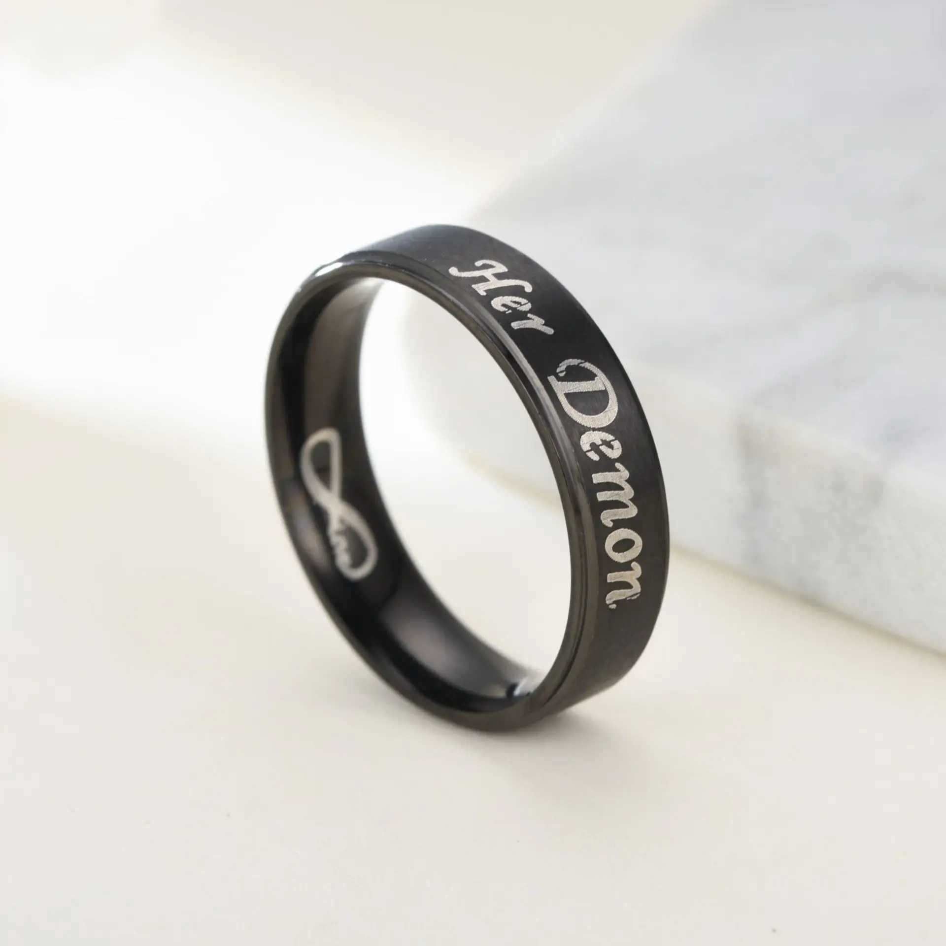 AsJerlya 6mm Couple Ring Her Devil His Angel Black Ring Stainless Steel Eternal Love Jewelry Accessory for Women Y241019