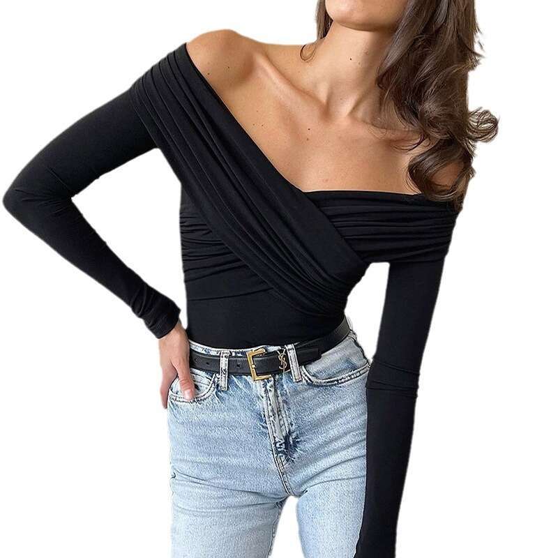 European and American foreign trade autumn and winter women's fashion off shoulder solid color pleated one line cross tight long sleeved bottom t