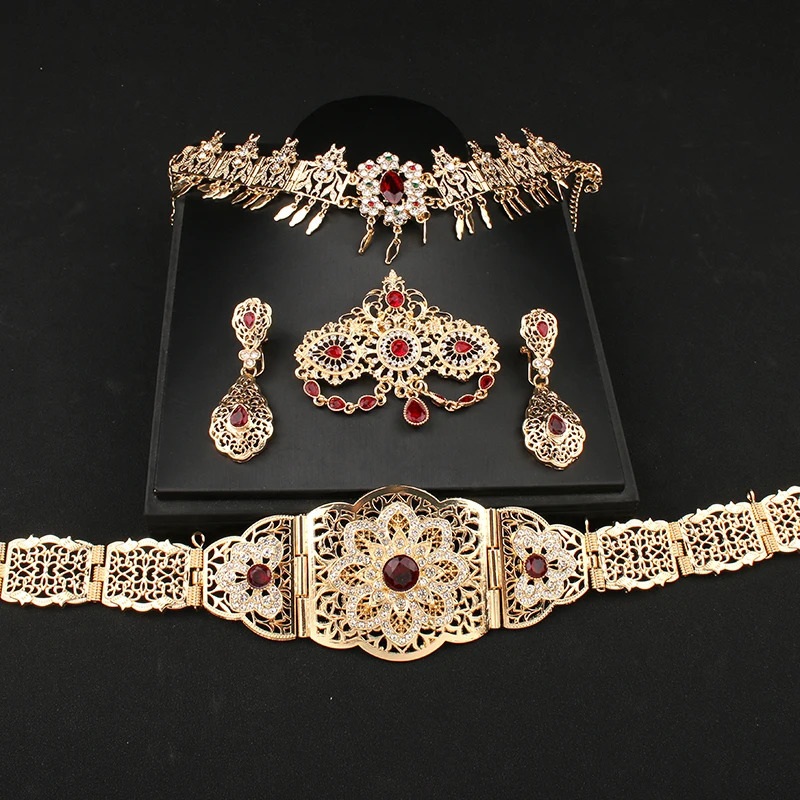 Moroccan women Kaftan gold red green stone ethnic wedding body jewelry metal chain robe with jewelry 241018