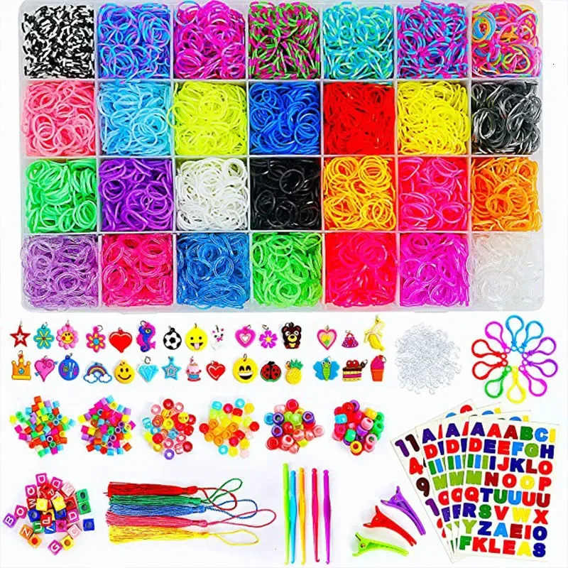 DIY Toy Weaving Machine Rubber Tape 10000pcs Silicone Tape Elastic Filling Kit ABC Stickers Bracelet Making Kit Girls Weaving Machine Tape 241018