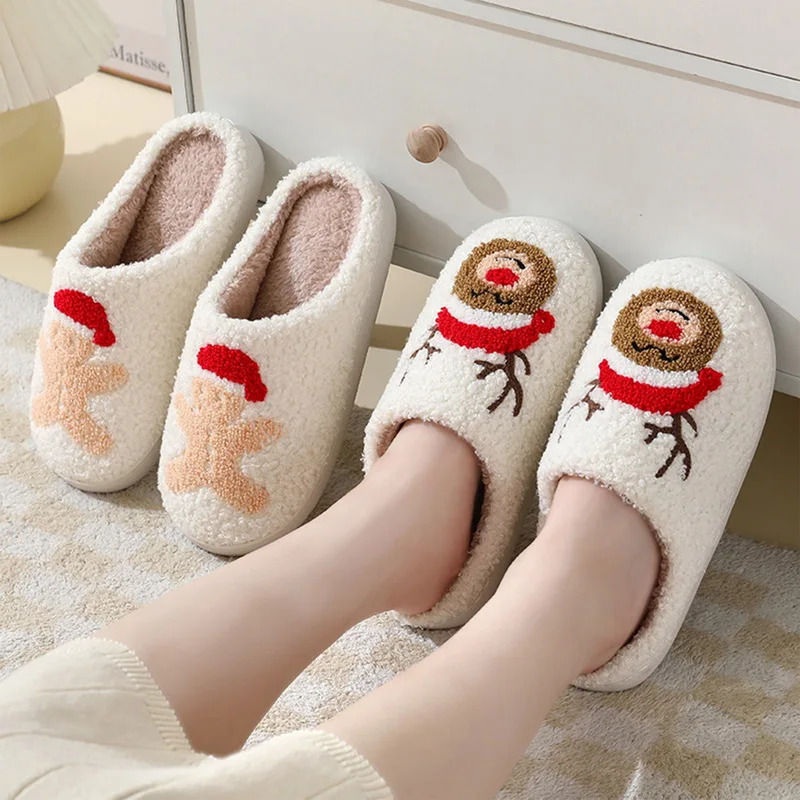 2025 Christmas Winter Fulfi Fur Slide Plush Flat Slide Sweet Thick Bottom Indoor Cotton Slippers 241018