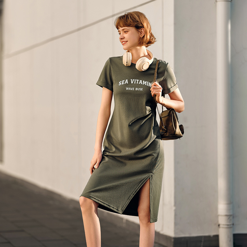Semir Women Vintage Casual Midi 2024 Summer New Letter Print Split T-Shirt Dress