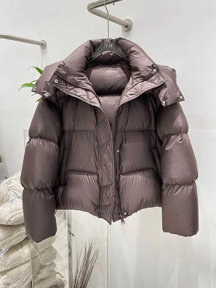 Women's Down Parkas Janveny thick short bread down jacket womens winter warm solid inflatable jacket hooded 90% duck down jacket womens fluffy Pa