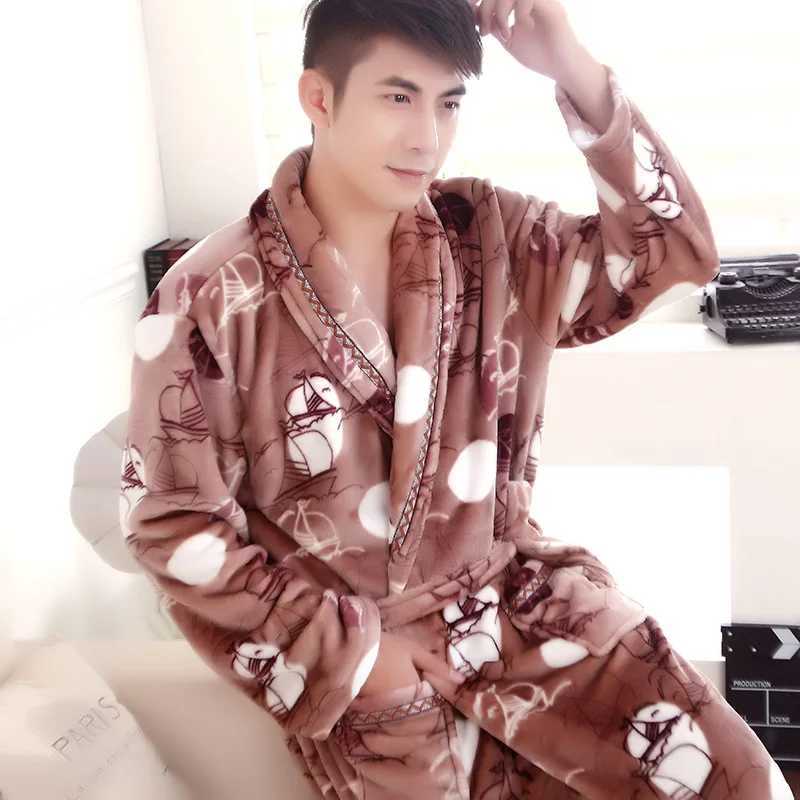 Mens Long Sleeve Flannel Bathrobe Thick Sleepwear Warm SPA Bathrobe Male Pajamas Belt Solid Soft Homewear Winter D-2096XJ241018