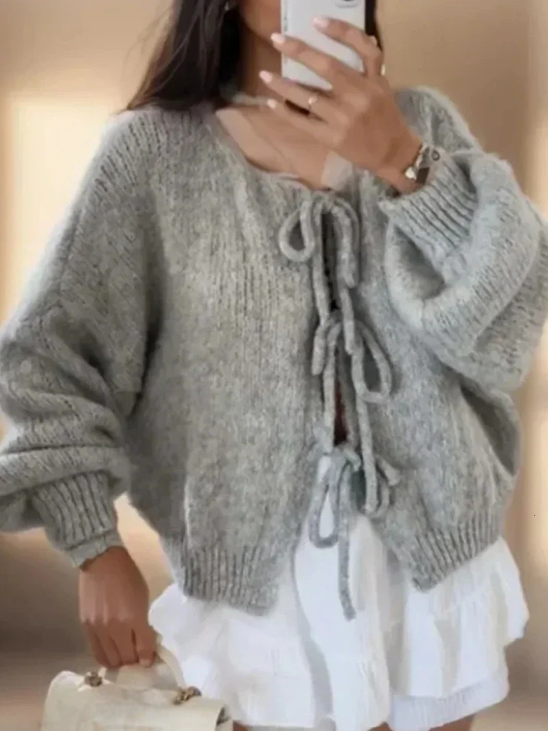 Korean Crewneck lace knitted cardigan autumn winter solid color commuting womens cardigan 241018