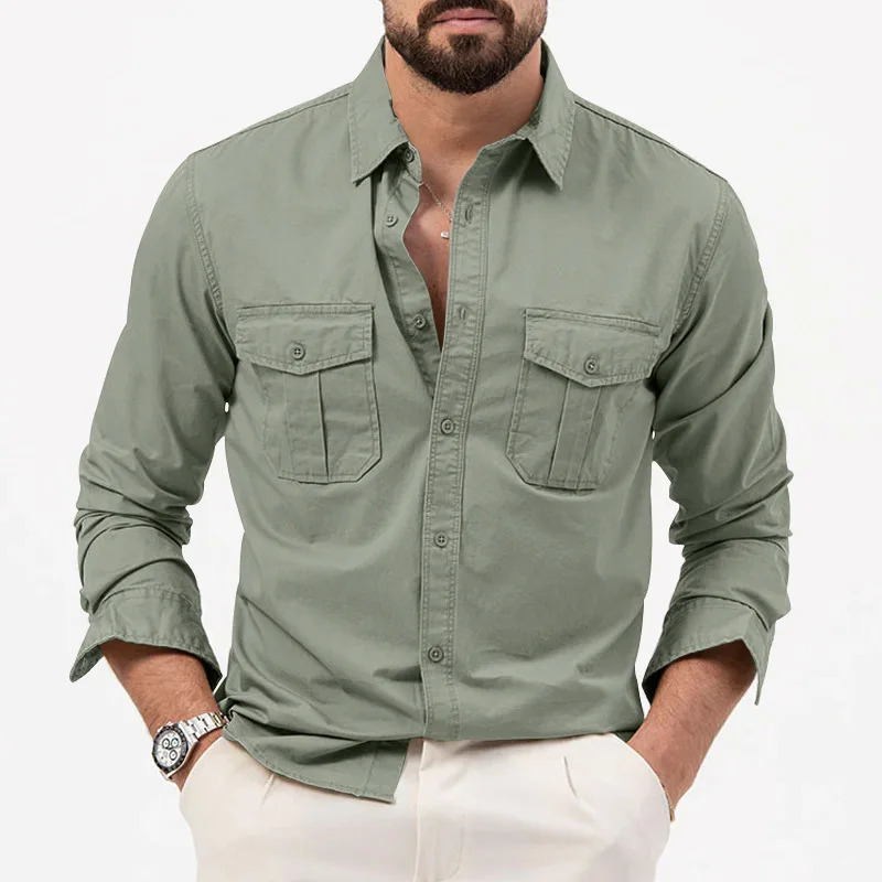 Spring and summer fashion lapel long sleeved solid shirt mens clothing casual button matching American shirt 241007