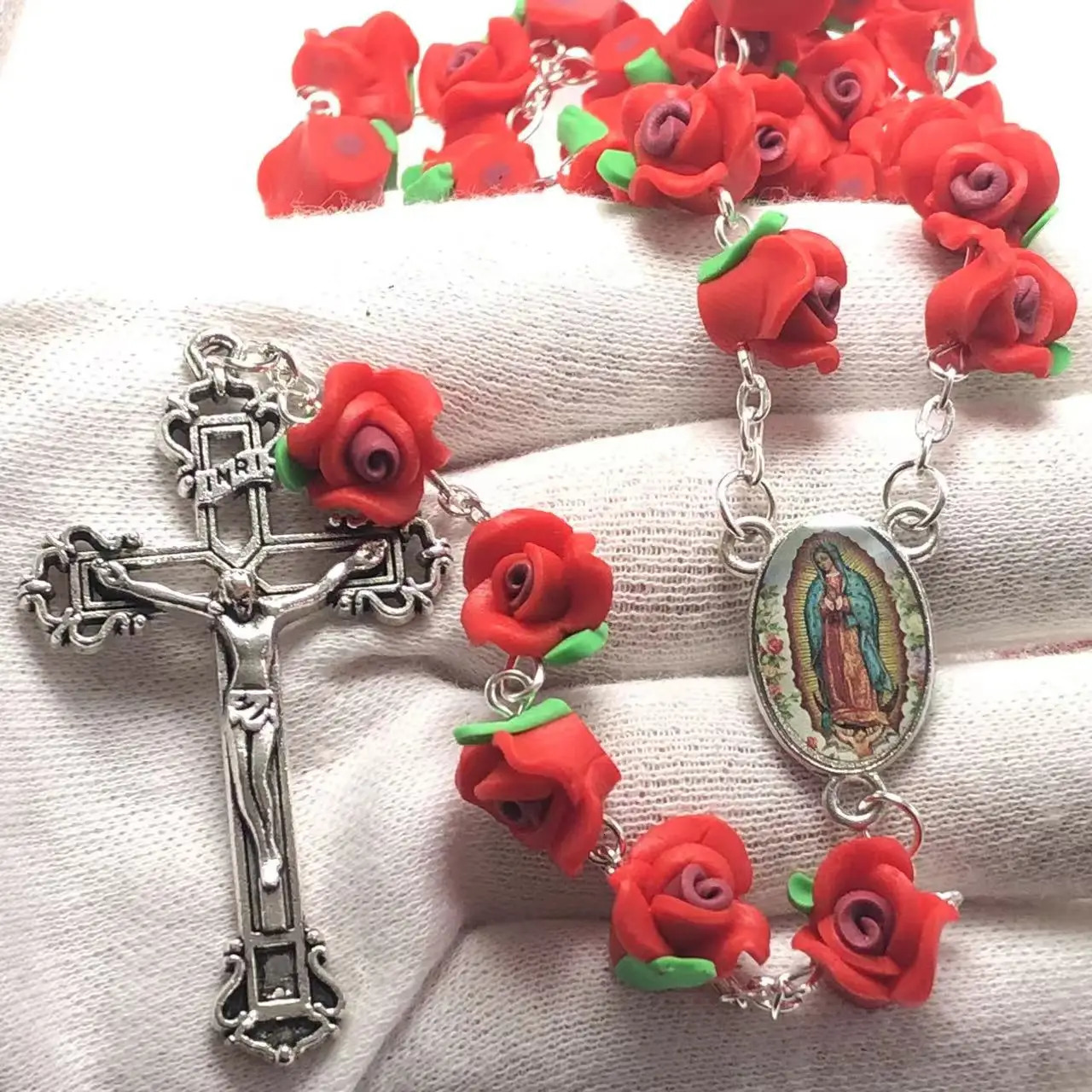 Handmade cathode rose necklace soft ceramic rose beads rose polymer clay necklace with Jesus Cross Virgin Guadalupe Center 241018