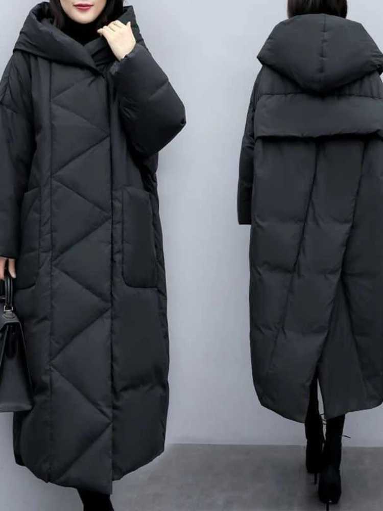 Long Thick Parkas Zipper Hooded Spliced Jackets Women Maxi Warm Loose Coats Pockets Autumn Winter Y2k Korean Coat Warm ParkaX241019