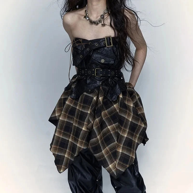 Irregular Patchwork Grunge Y2k Skirts High Waist Vintage Plaid Belt Decor Punk Midi Gothic Aline Skirt For Women 241019