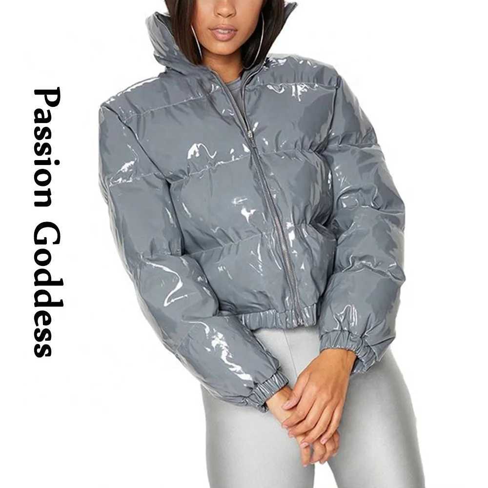 Women's Down Parkas Winter Women Shiny PU Leather Down Puffer Jacket Loose Warm Leather Bubble Coats Parkas Down Zipper Puffy Jackets Parkas Casu