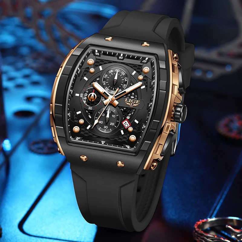 LIGE Top y Mens Watch Fashion Square Waterproof Quartz Military Sports Timing Montre Homme 241009