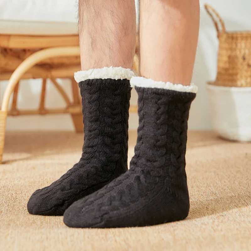 Thermal Socks Mens Winter warm Home Soft Male Cotton Thickened Plus Velvet Sleeping Anti Skid Grip Short Floor Slipper SockXJ241019