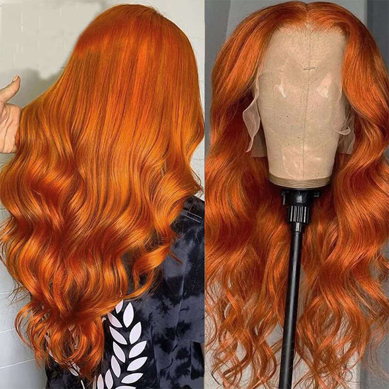 Orange Body Ginger Wave x Transparent Lace Front Wig Human Hair for Women Colored Pre Plucked Natural Hairline line