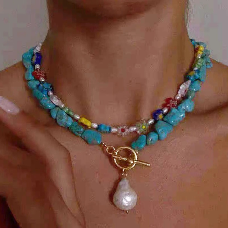 Natural stone freshwater pearl pendant womens bead necklace womens handmade blue synthetic turquoise prayer jewelry 241019