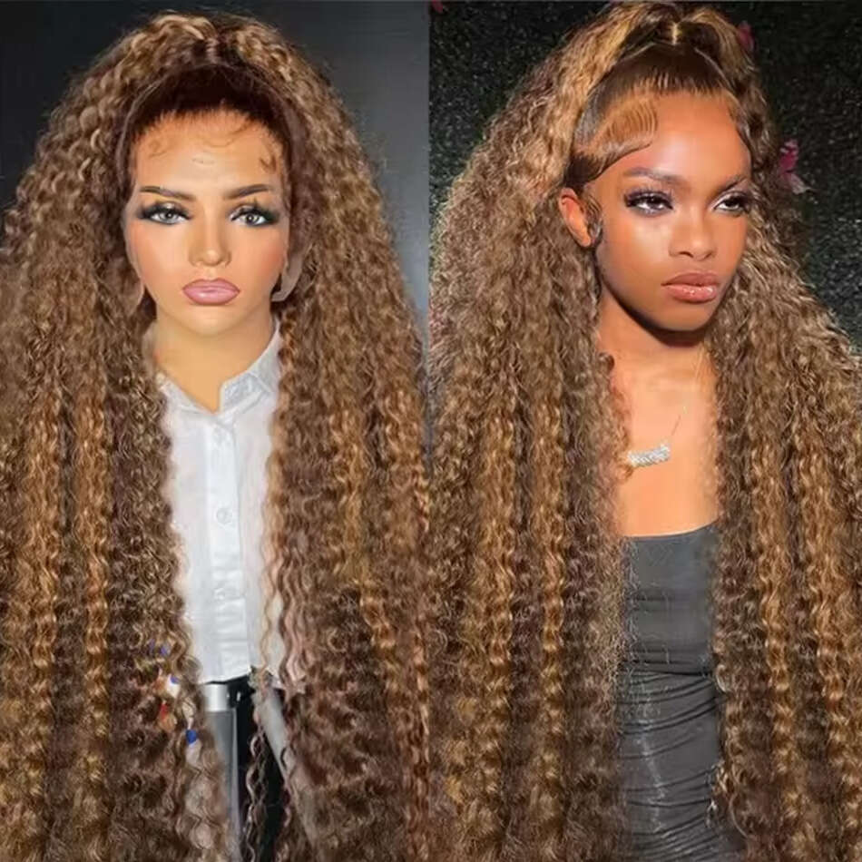 200 Density 40 Inch Highlight Honey Brown Curly HD Lace Front Human Hair 13x4 13x6 Ombre Color Deep Water Wave Frontal Wigs