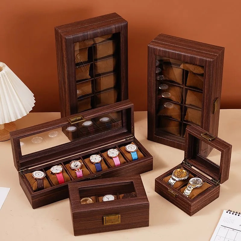 WELLZONE Retro Style Imitation Wood Watch Box Chinese Style Brown Leather Glasses Storage Box Creative Gift Jewelry Box 241018