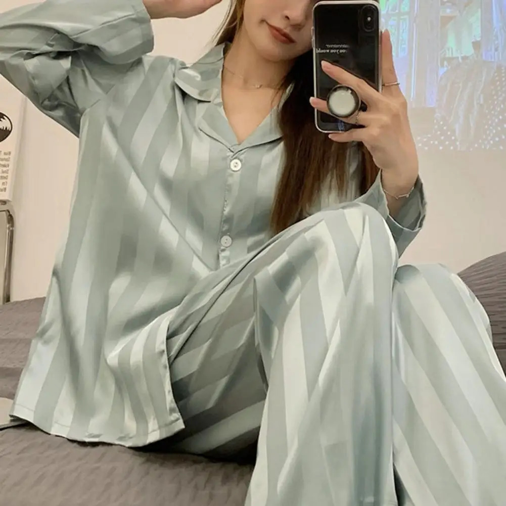 Milk Silk Fabric Sleepwear Set for Womens Lace Satin Sleepwear Set for Womens Striped Silk Sleepwear Set Long Sleeve Loose Comfortable 241009