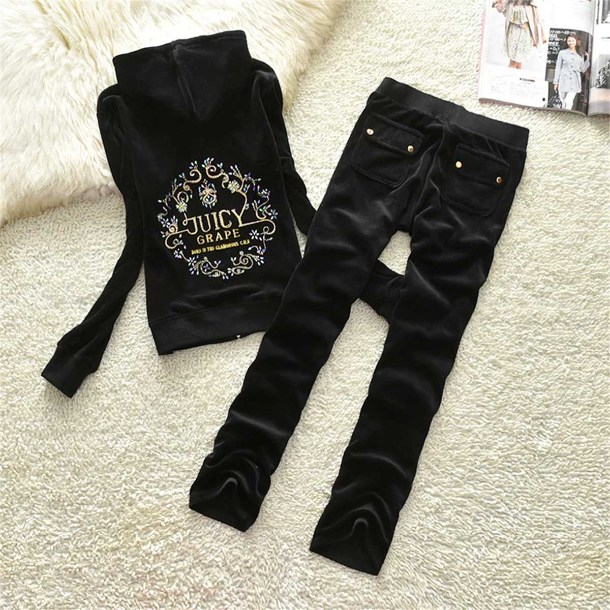 Women's Two Piece Pants Velvet Tracksuit Women Suit Hooded Sweatshirt 2PC 3D Embroidered Crystal Thr-dimensional Pattern Sweatshirt Womens Casual