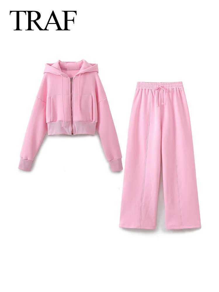 Women's Two Piece Pants TRAF 2024 Spring Womens Casual Hoodie Zipper Jacket+Elastic Waist Pocket Pants 2-piece Set Elegant Loose Solid Grey Pants