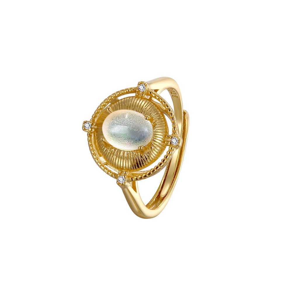 New S925 pure silver gold-plated 18k womens ring paired with natural gemstone moonlight ring wedding jewelry accessories Y241019