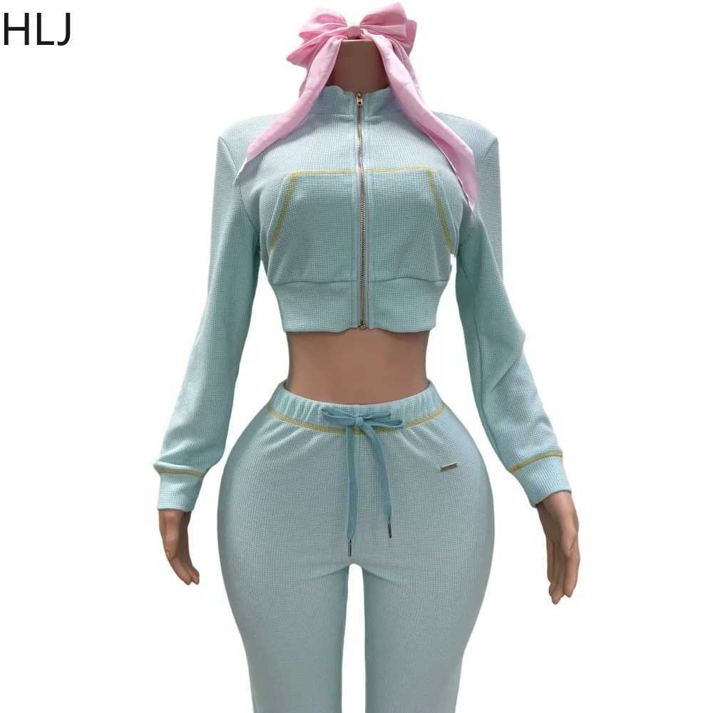 Women's Two Piece Pants HLJ autumn new waffle biscuit sport two-piece set womens zipper long Slve crop top jogging pants track suit womens clothi