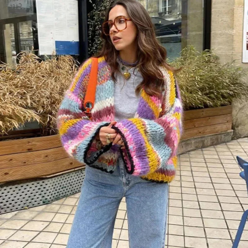 Rainbow Grid Sweater Embroidery Striped Cardigan Women Irregular Geometric Long Sleeved Cardigan Knitted Sweater Ins Loose Top 241009