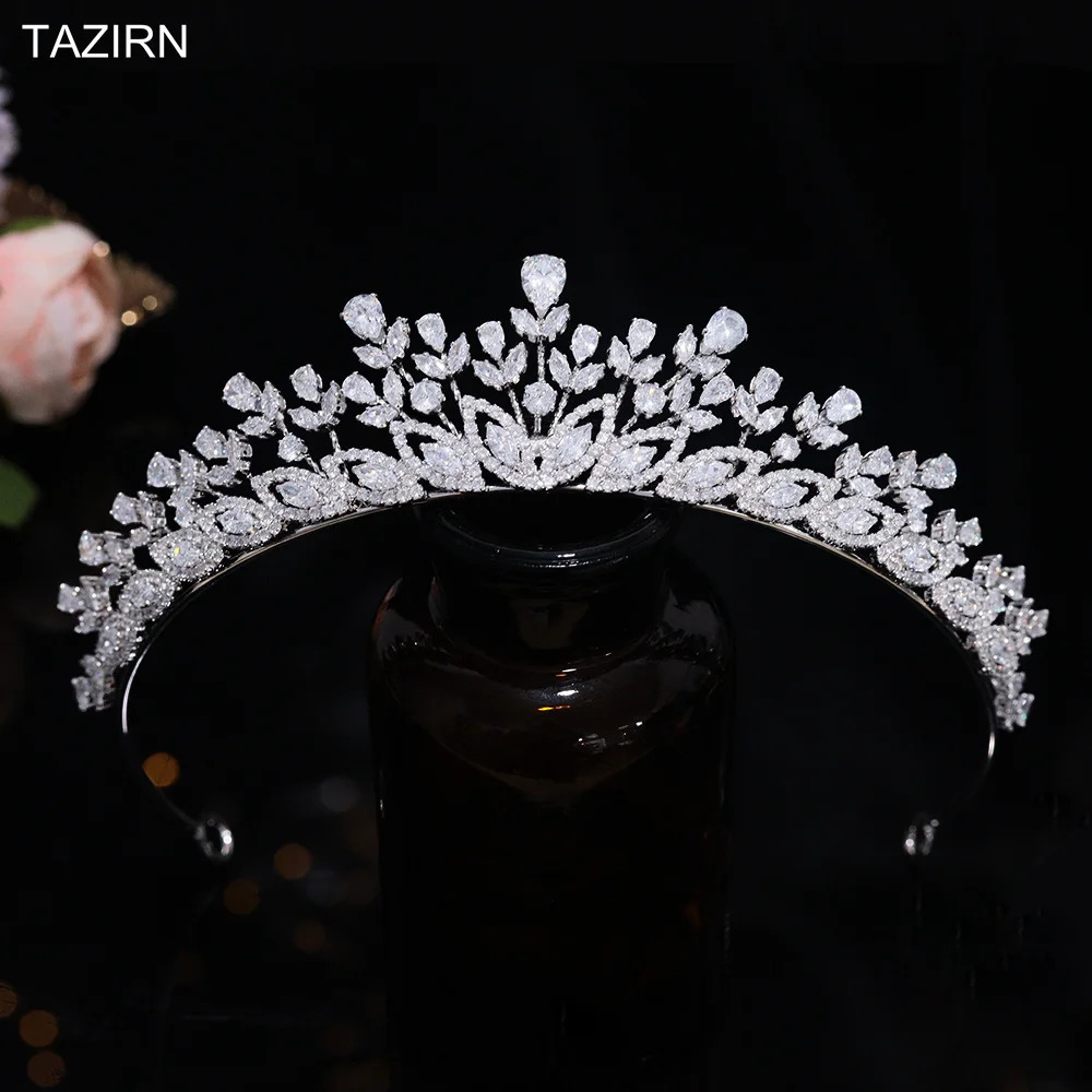 TAZIRN AAAAA cubic zirconia floral headpiece and crown womens wedding birthday party ball sparkling handmade CZ hair accessory 241018