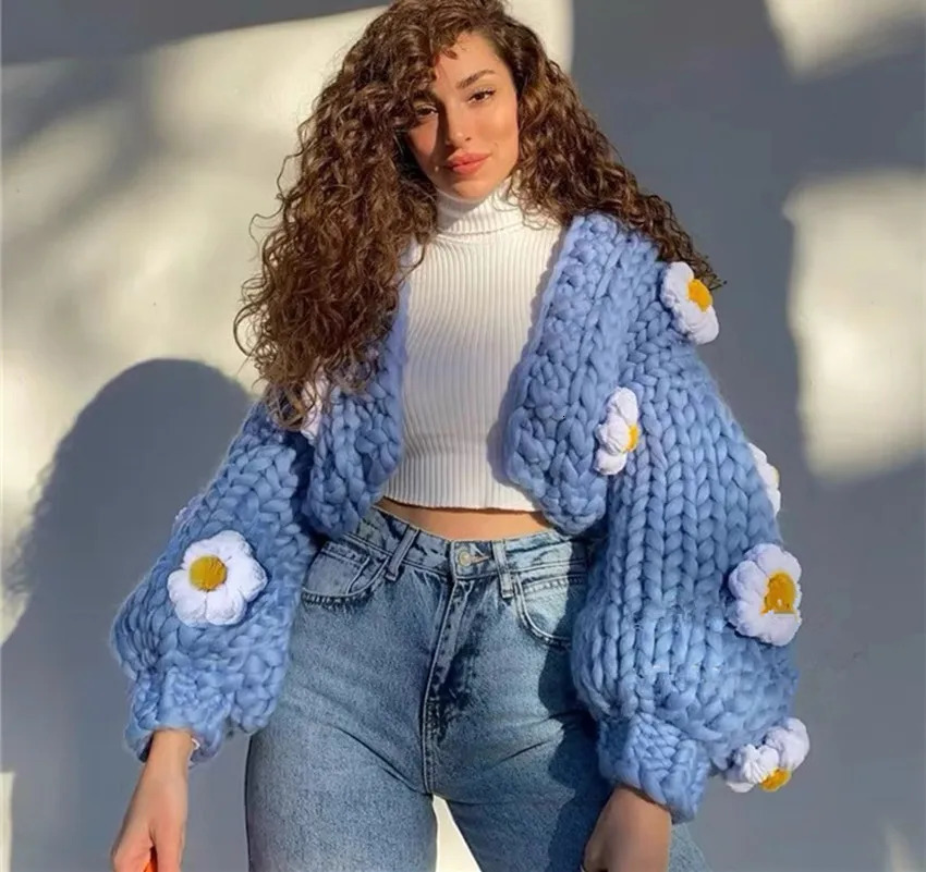 JSXDHK Fashion Women 3D Floral Handmade Sweater Cardigan Sweet Fall Winter Lantern Sleeve Knitted Loose Short Open Stitch 241009