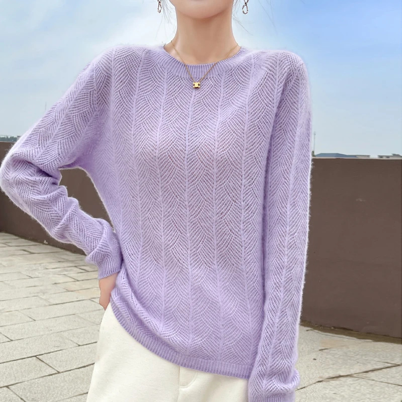 DjzDsm Women O-neck Pullover Sweater Hollow Out Long Sleeve Jumper 100% Merino Wool Knitwear Basic Casual Clothes Autumn Winter 241010