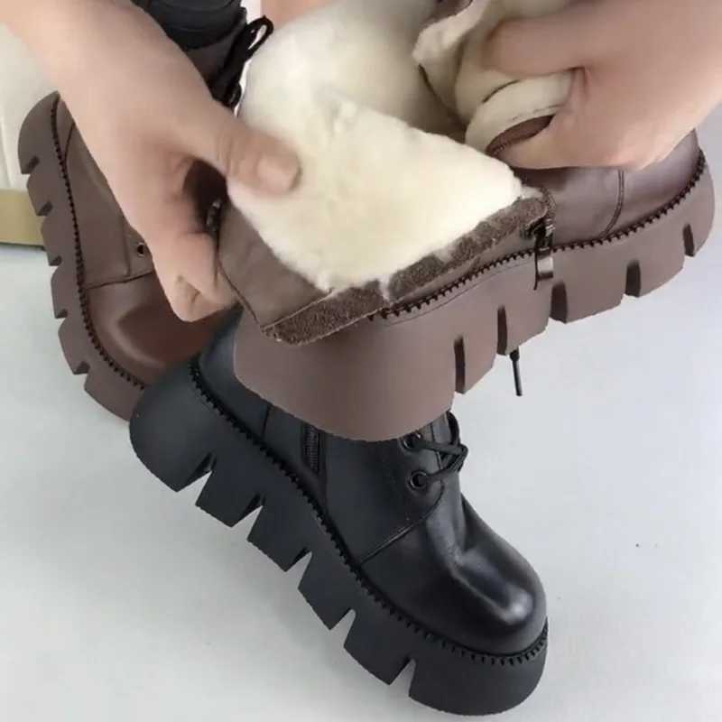 Womens Snow Boots 2024 Winter New Platform Cotton Shoes Retro Black/Brown Round Lace Zipper Modern Motorcycle Boots Y241019