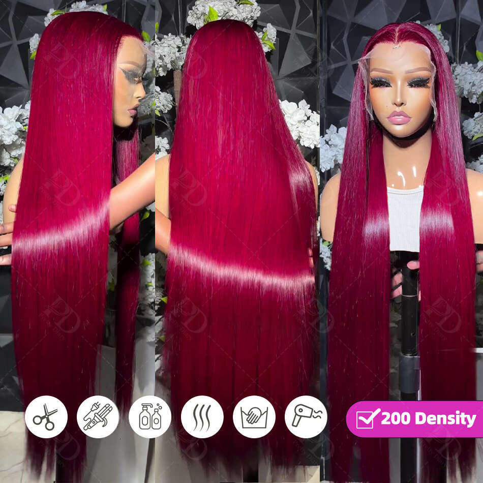 30 36Inch Bone Straight 99J Bury 13x4 13x6 Hd Lace Frontal Human Brazilian Red Colored Remy Wigs Virgin Hair