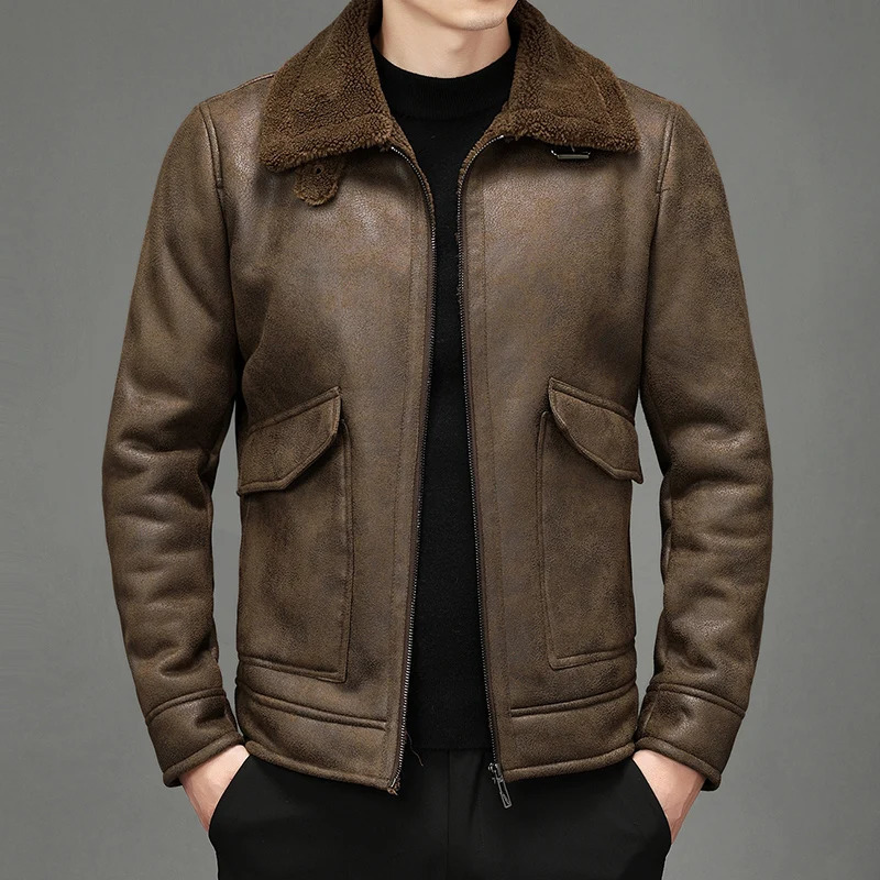 Autumn/Winter Mens Suede Jacket with Velvet Collar Thick Warm Fashion Boutique Leather Large PU Coa 241007