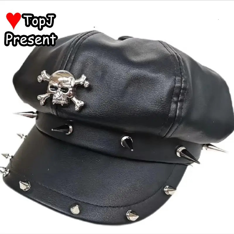 Womens Lolita Y2k Steampunk Gothic Harajuku Subculture Girls Rivet Motorcycle Hat Fashion Mens Personalized Beret Stage Rock Hat 241018