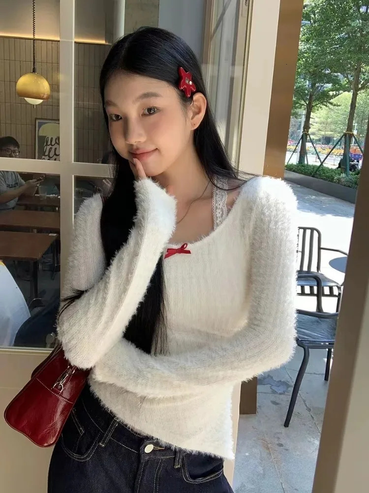 HOUZHOU Kawaii Coquette Sexy Knitted Pullovers Women Korean Style Y2k Aesthetic Lace Patchwork Solid Slim Sweater 2024 241010
