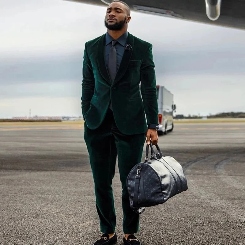 Velvet Formal Men Suits for Wedding Business Shawl Lapel Groom Tuxedo Custom Made Dark Green Male Fashion Jacket with Trousers 2024