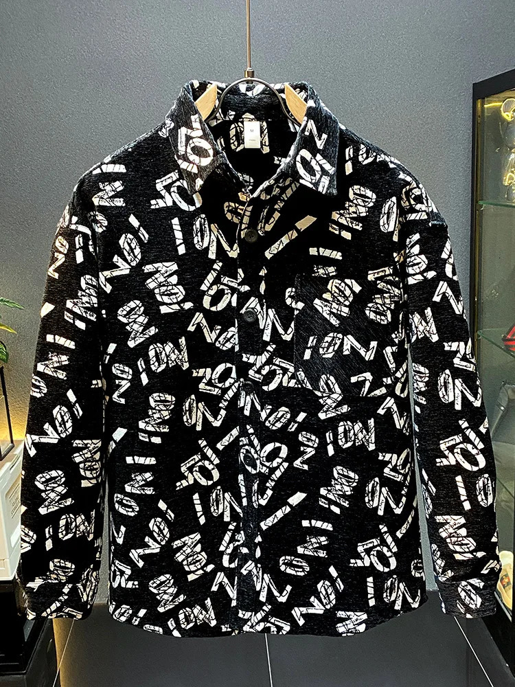 fashionable fully printed letter collar mens fashionable and personalized street mens casual long sleeved top 241007
