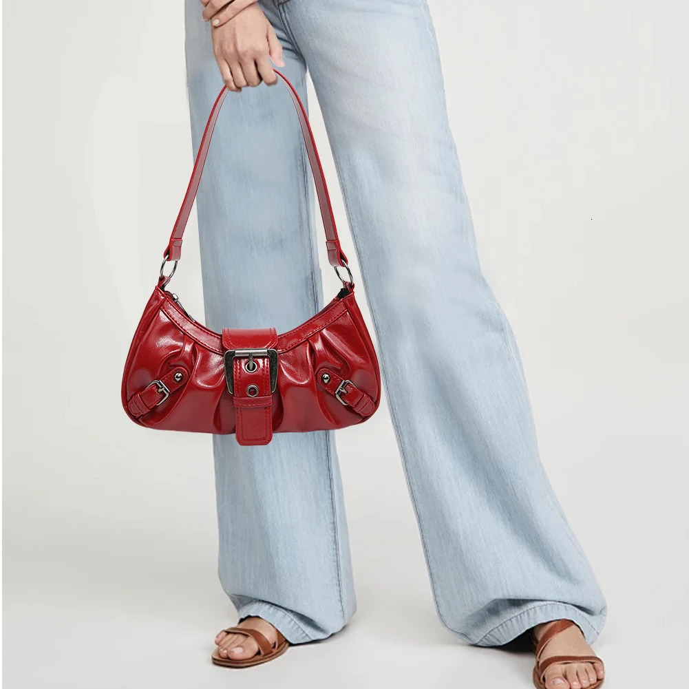 Womens pleated vagrant red shoulder bag womens PU leather clutch handbag wallet Y2K womens travel commuting bag 241018
