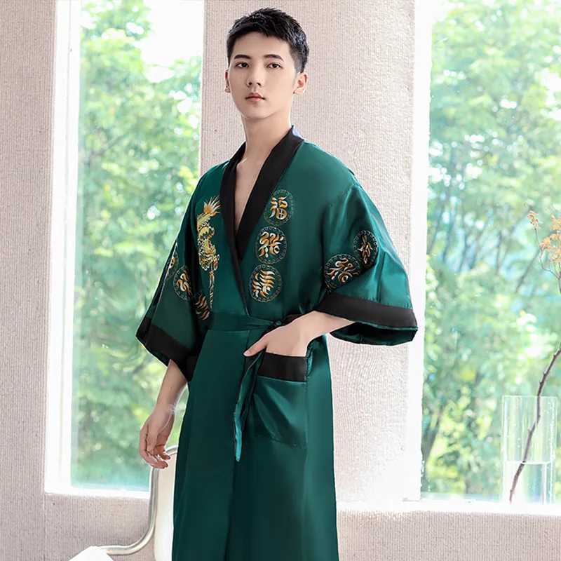 Chinese Style Satin Kimono Mens Lapel Mid Length Sleepwear New Spring Summer Bathrobe Nightwear Male Intimate Lingerie HomewearXJ241018