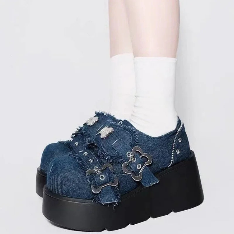 Punk metal chain block platform ankle boots for women 2024 winter Y2K thick soled denim boots for women Black Gothic Lolita shoes 241018