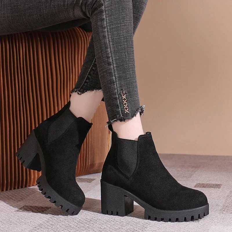 New Winter Casual Comfortable Thick Bottom Dome Black Sexy Elegant Warm Square Heel Womens Short Boots 2024 Y241019