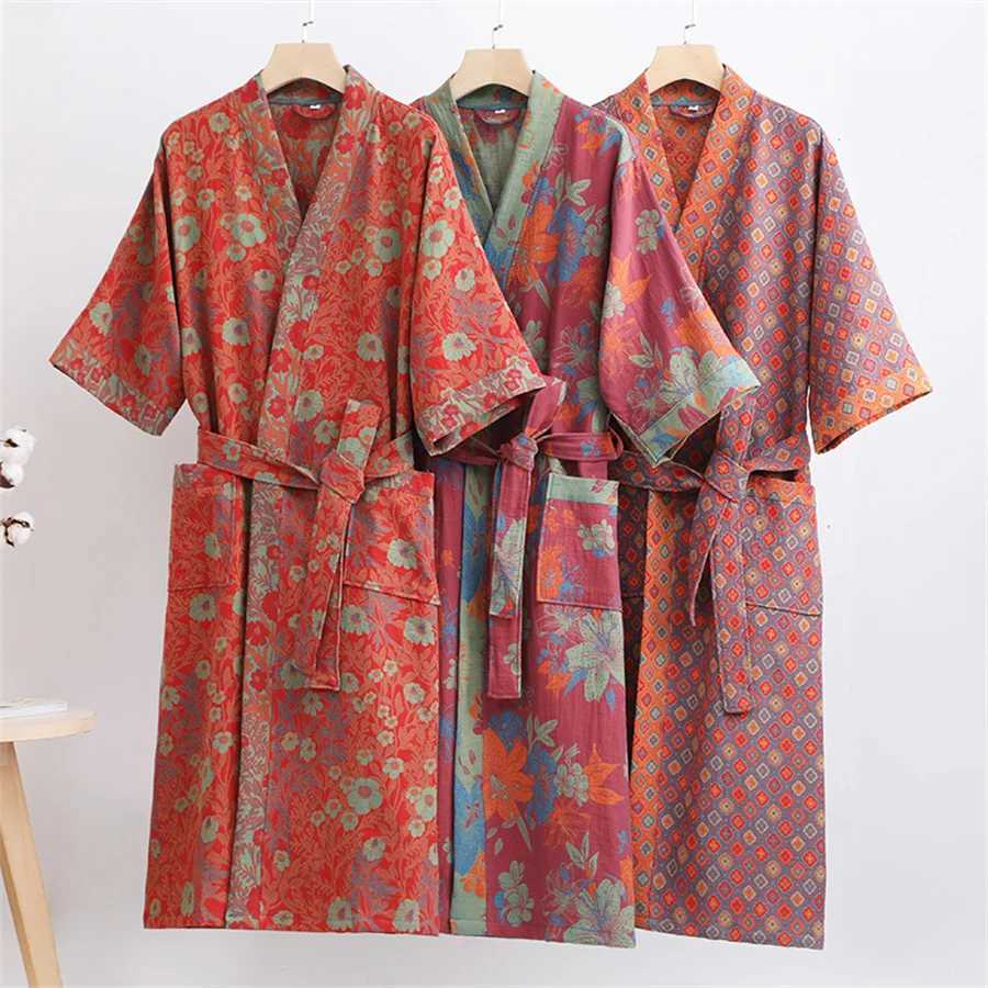 2024 Summer Couple Dressing Gown Vintage Loungewear Double Layer Gauze Bathrobe Men Shower Robe Women V-neck Kimono SleepwearXJ241018