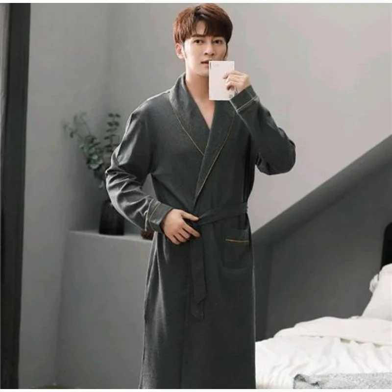 Pure Cotton Long Sleeve Kimono Bathrobe Large Size One-piece Pajamas All Cotton Bathrobe Night Gown Gentleman Spring and AutumnXJ241018