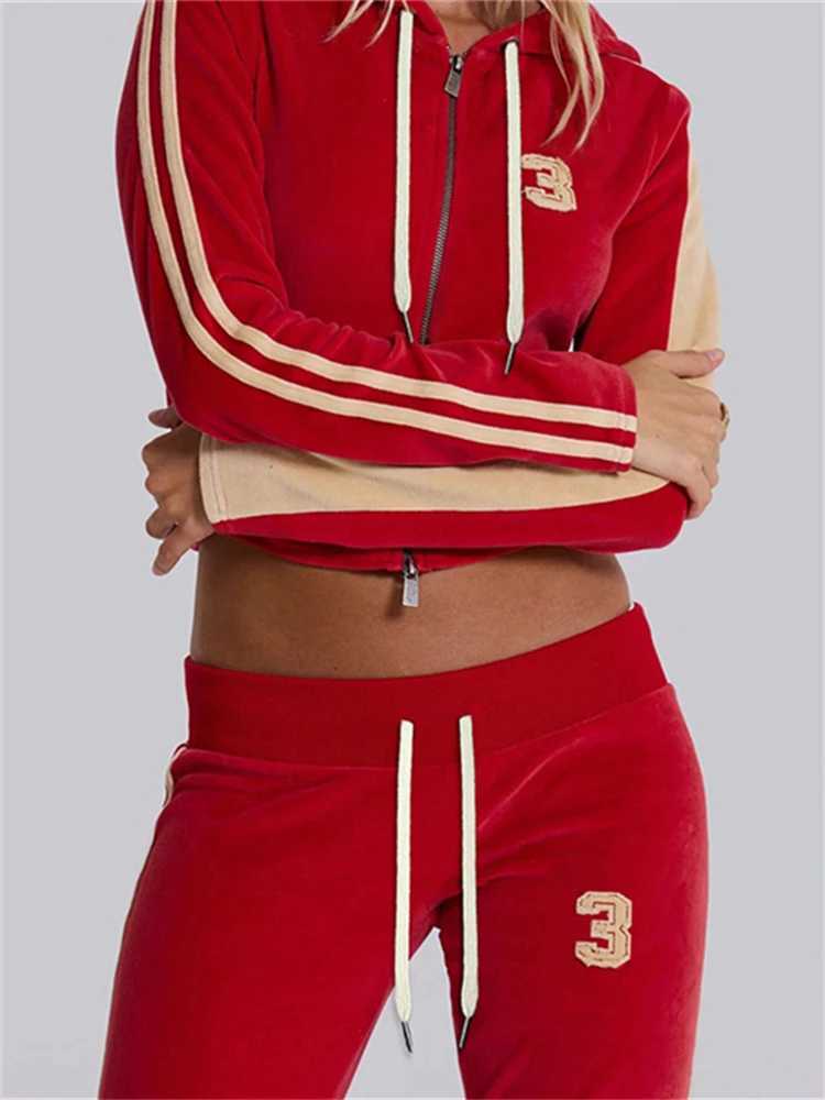 Women's Two Piece Pants Absobe Velvet Y2K 2-piece Womens Zipper Crop Hoodie Top Flash Pants Set Splicing Color Contrast Lace Low Rise Slimming Se
