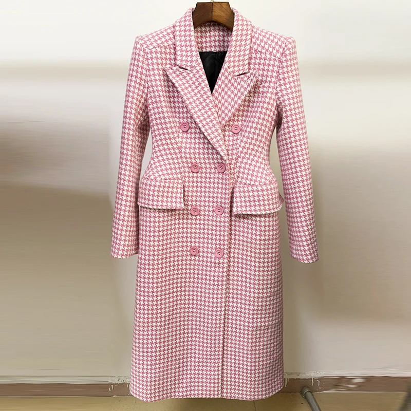HIGH STREET est 2024 Fall Winter Fashion Overcoat Womens Double Breasted Pink Houndstooth Tweed Wool Long Coat 241010