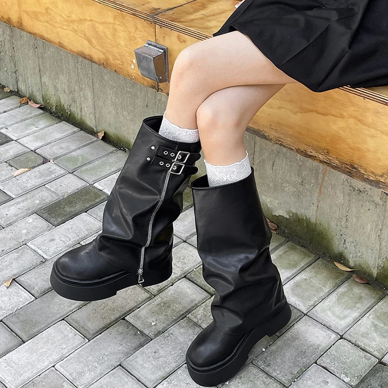 Retro platform flat bottomed womens knee high boots fashionable buckle shoes autumn womens knight boots 241018