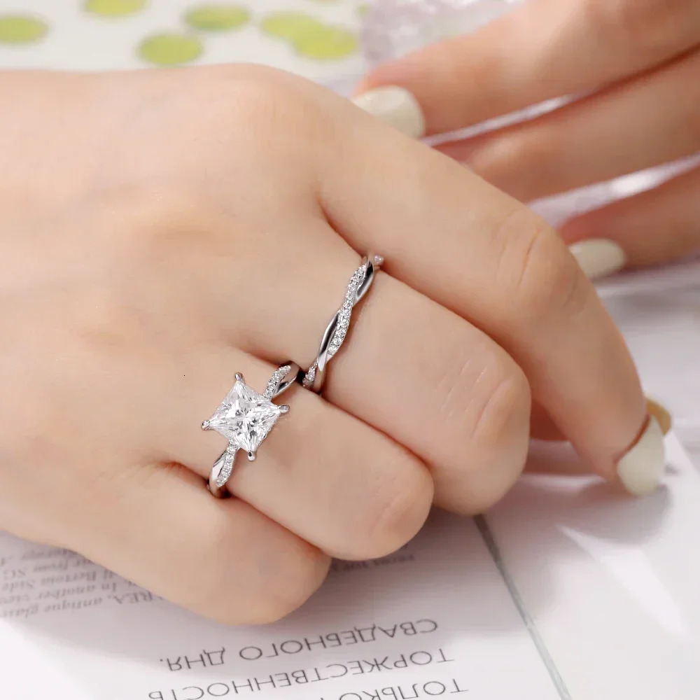 Real Card Ring 925 Pure Silver 2CT Laboratory Diamond Engagement Ring Female Princess Cutting D VVS1 Jewelry Gift 241007