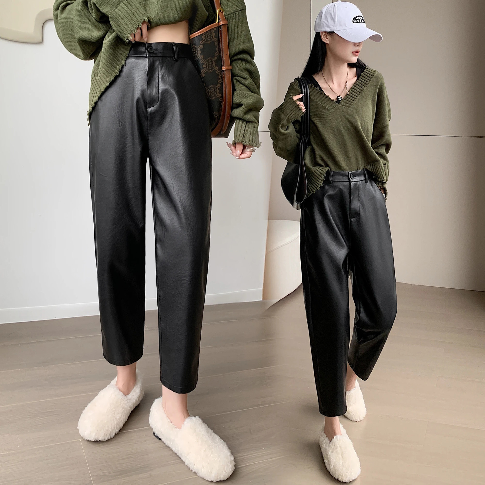 2024 Autumn Winter Leather Pant Korean Fashion High Elastic Waist Black Color Harem Trousers Female Pantalones 241009